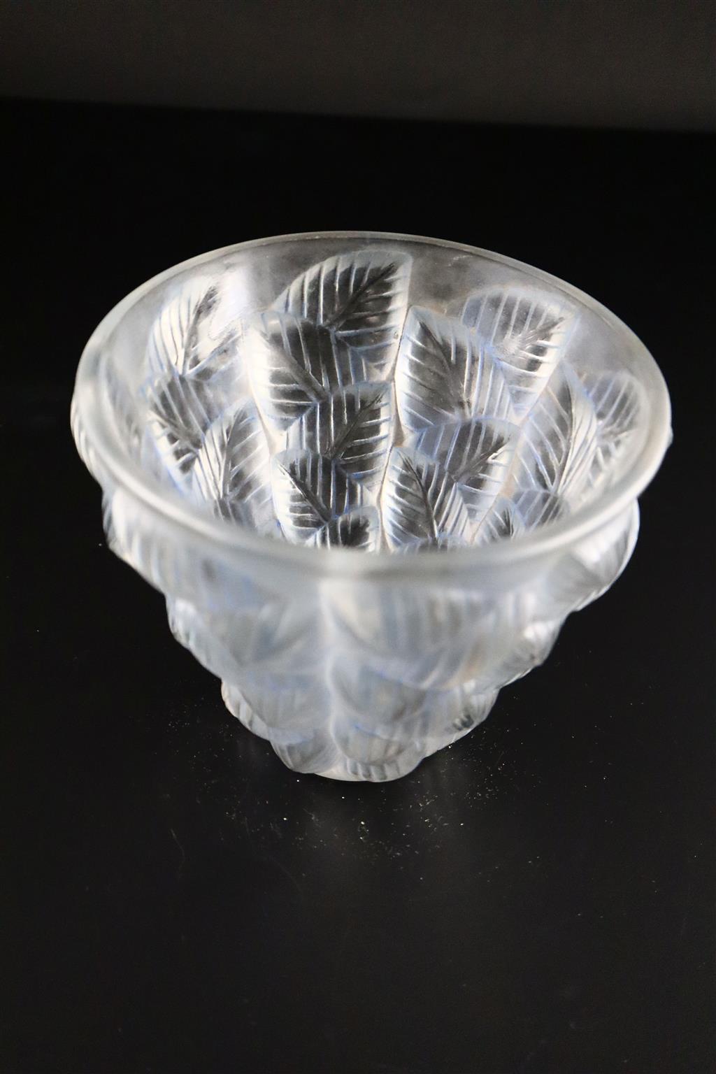 René Lalique. A pre-war Moissac pattern blue tinted frosted glass vase, no.992, designed in 1927, 13cm high
